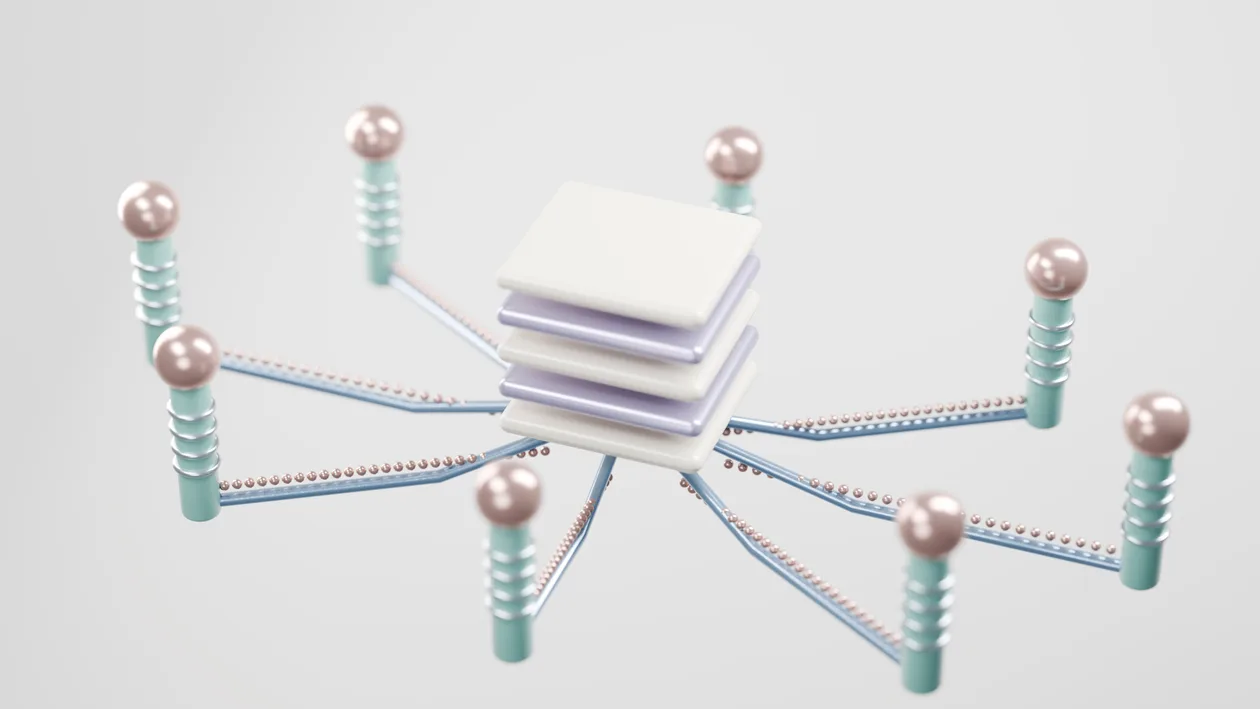 Abstract 3D rendering of a digital network structure with nodes and connections.