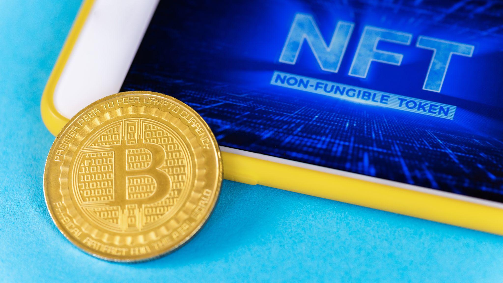 NFT displayed on a digital screen with cryptocurrency imagery representing blockchain-based digital ownership.