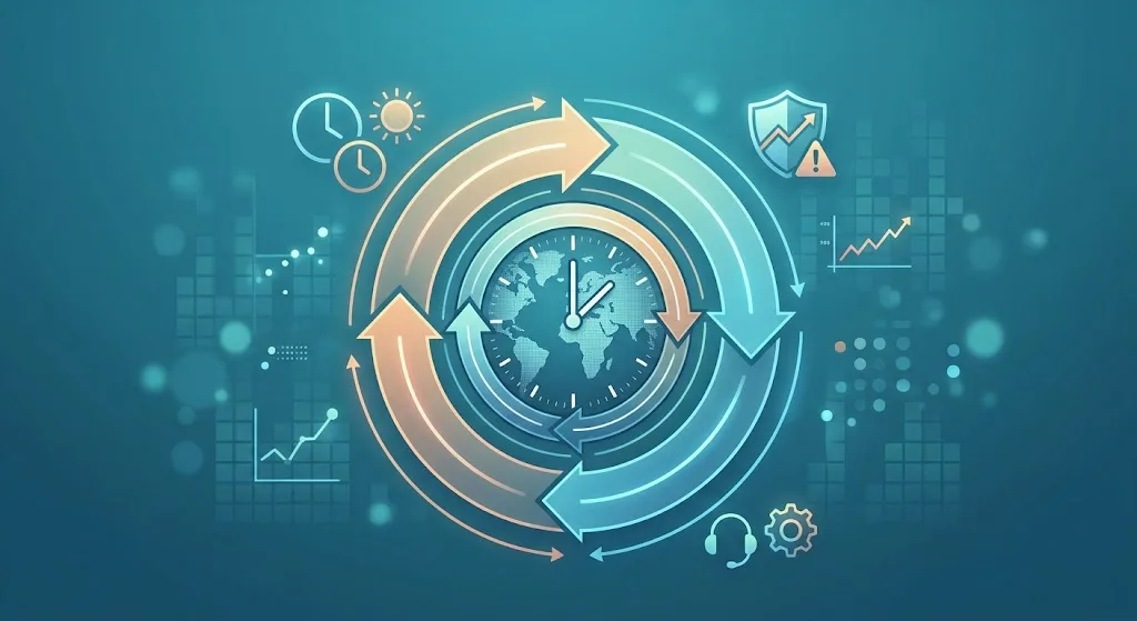 kenson Investments | Operating Near-Continuous Markets: Trading Sessions, Risk and Service Coverage Global trading network illustrating 24-hour market infrastructure, connected exchanges, and financial data systems.