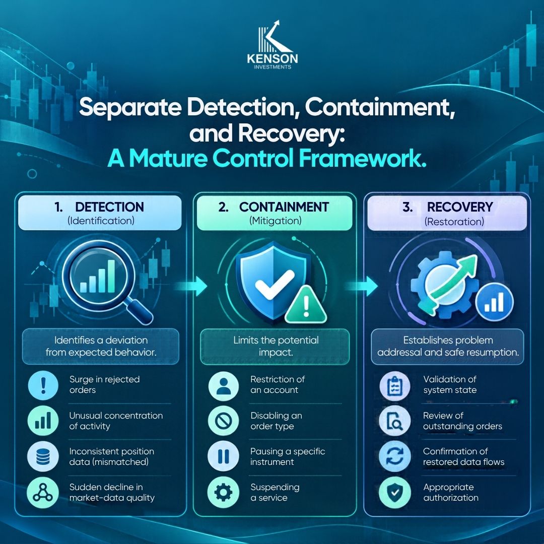 kenson Investments | Operating Near-Continuous Markets: Trading Sessions, Risk and Service Coverage Three stages of operational risk control showing detection, containment, and recovery for trading systems.
