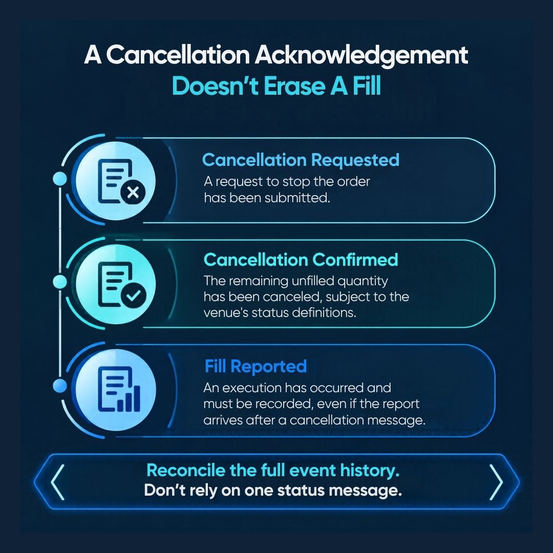 kenson Investments | Order Cancellation Races: Why an Acknowledgement Does Not Erase a Fill Comparison of cancellation requests, cancellation confirmations, and fill reports in order reconciliation.