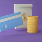 3D illustration of a credit card, coins, and dollar sign on a purple background