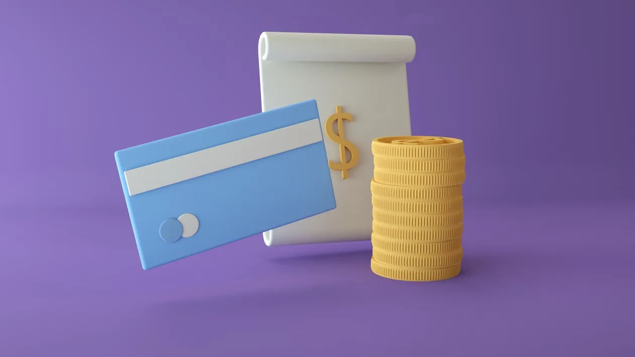 3D illustration of a credit card, coins, and dollar sign on a purple background