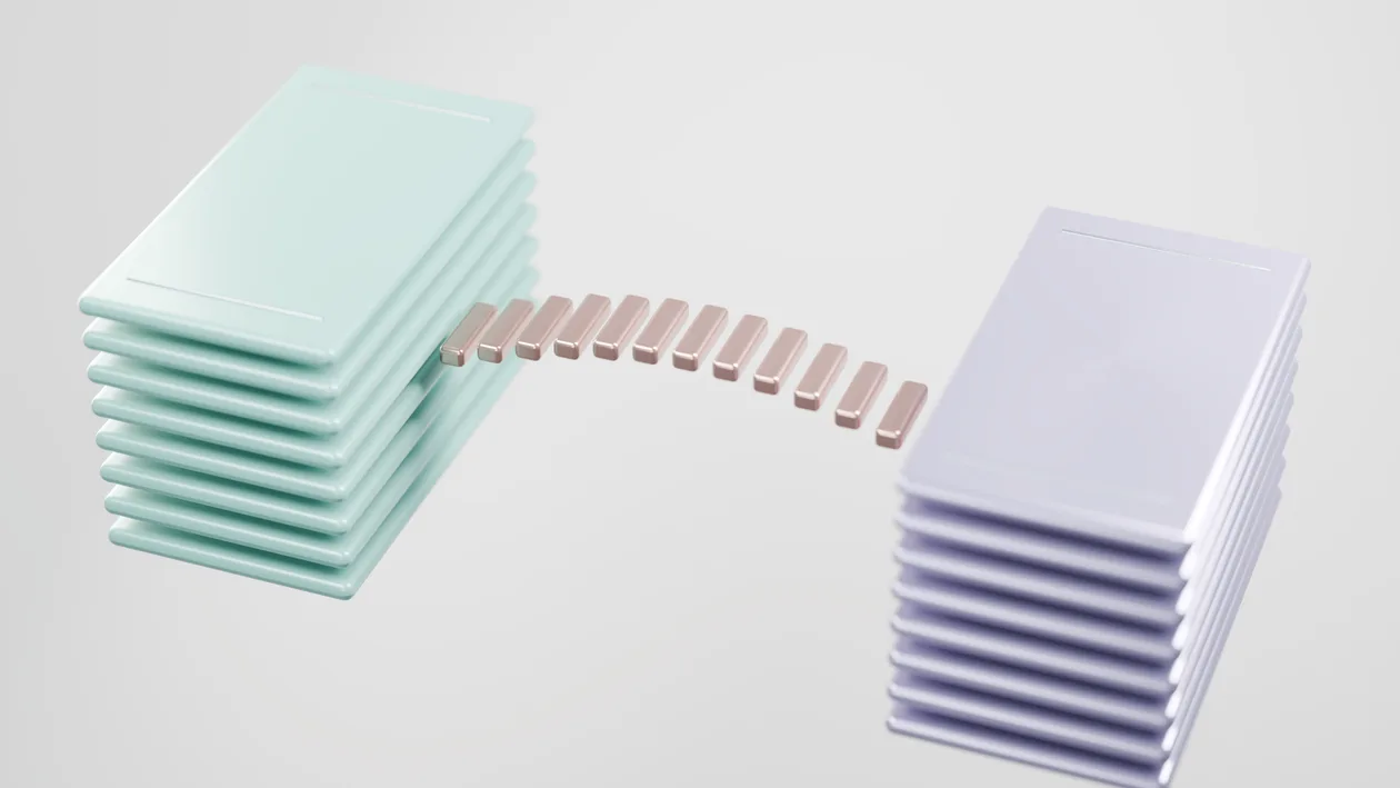 A conceptual 3D render illustrating data transfer between stacks of metallic objects.
