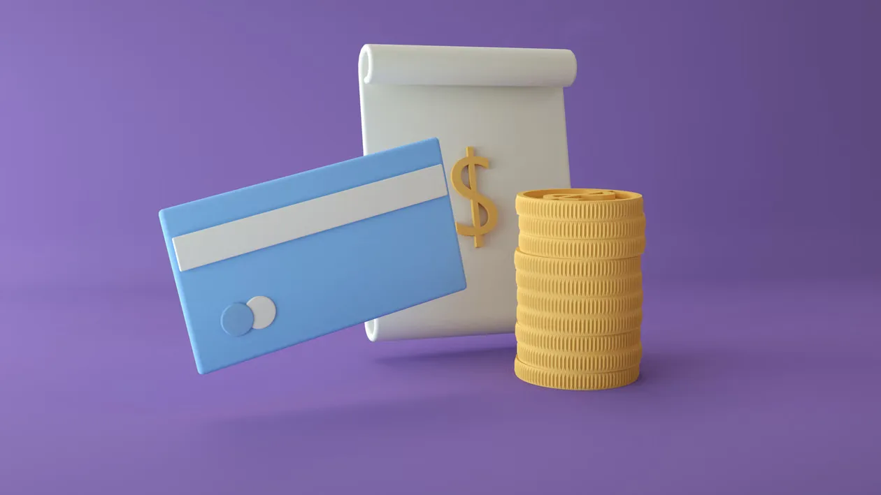 3D illustration of a credit card, coins, and dollar sign on a purple background