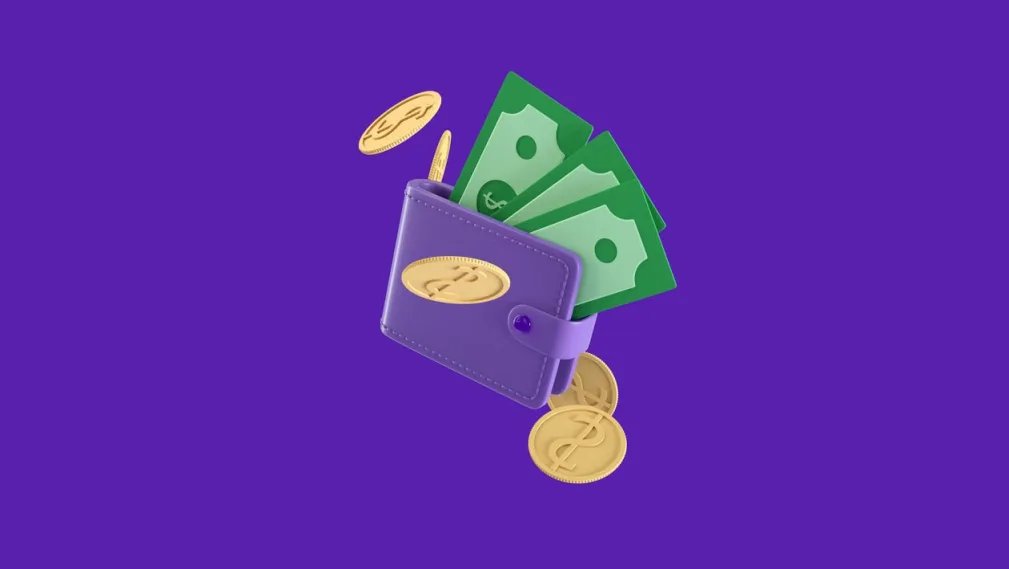 3D render of paper bills and Bitcoin.