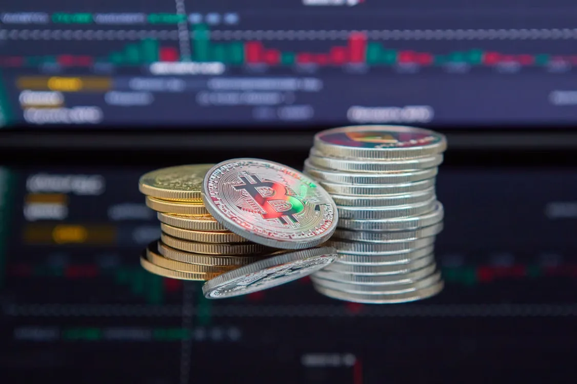 Close-up photograph of stacked cryptocurrency.