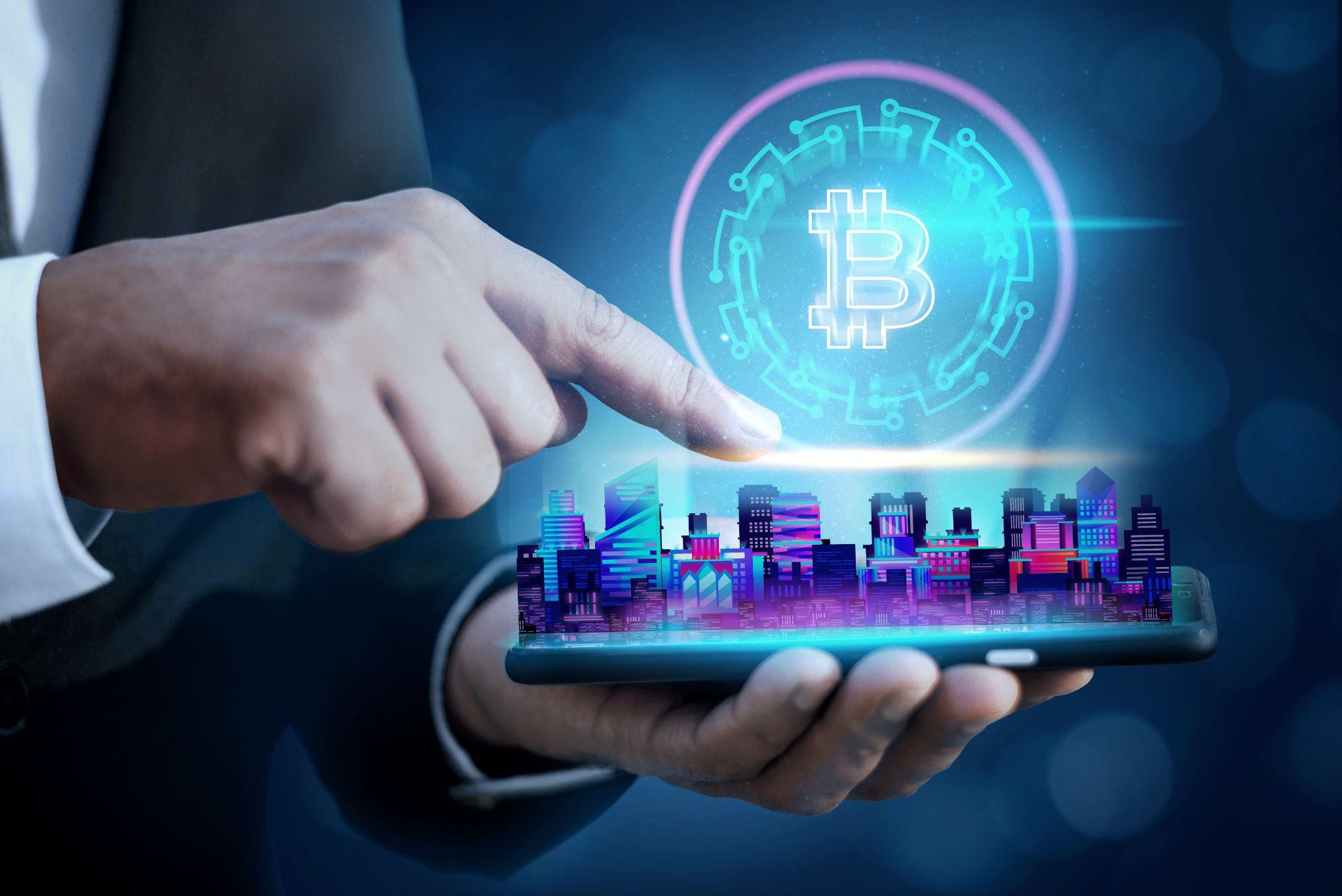 Digital city and cryptocurrency interface representing property valuation, token pricing, and blockchain-based real estate structures.