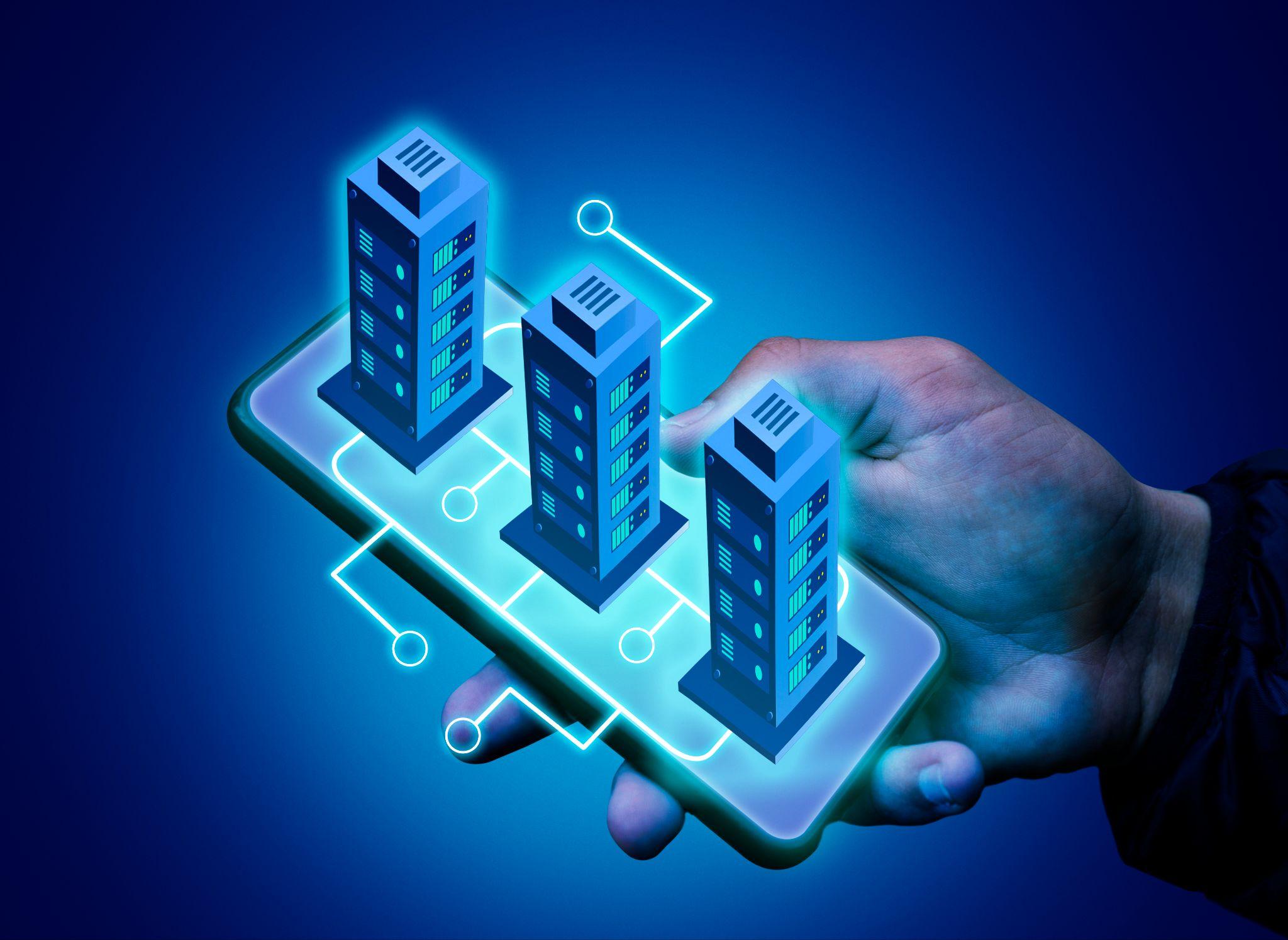 Digital buildings displayed on a smartphone representing tokenized real estate, blockchain ownership, and fractional property interests.