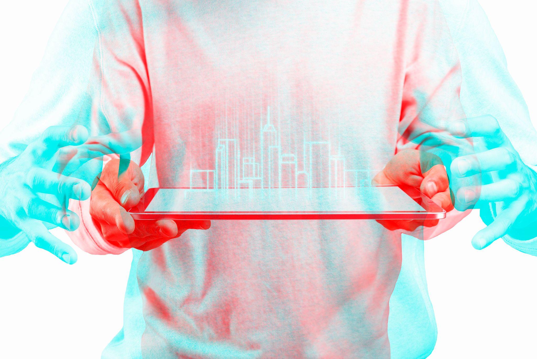 Person holding a tablet with a digital city model representing tokenized real estate governance and property administration.