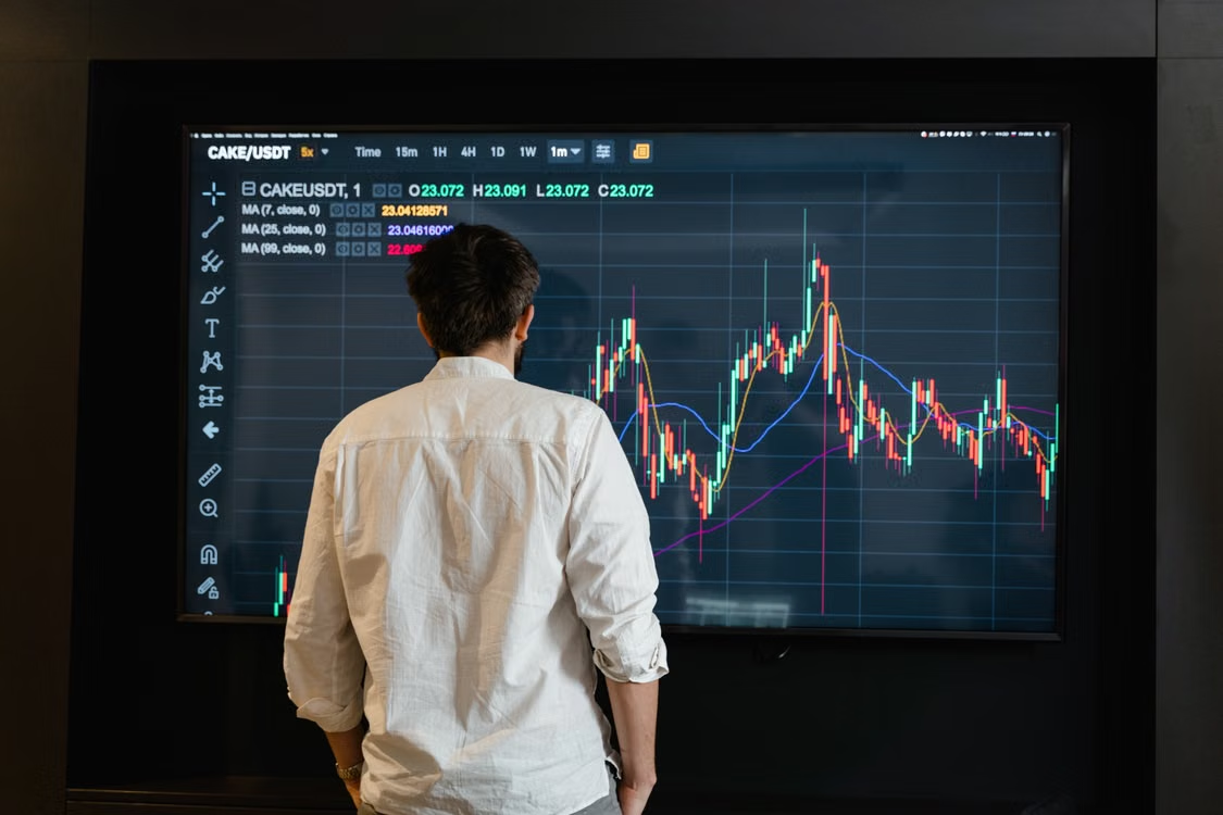 A financial analyst reviewing a return-attribution chart that separates contract price movement, roll effects, collateral performance, and fund expenses