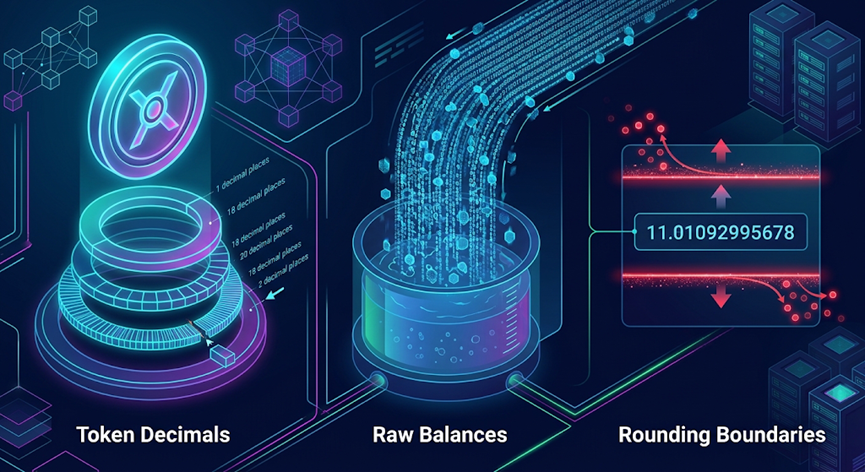 Token decimals, raw blockchain balances, and rounding boundaries in digital asset accounting